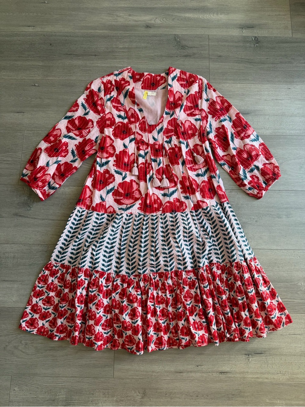 Pink Chicken Red Floral Tiered Midi Boho Dress - size small